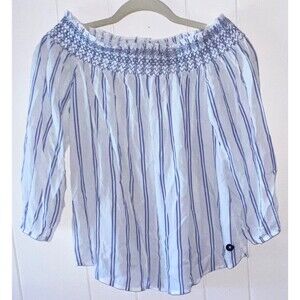 Abercrombie & Fitch White and Blue Striped Off the Shoulder Top Size Medium